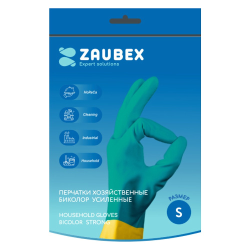 Перчатки латексные хозяйственные Zaubex БИКОЛОР, усиленные, зеленый, желтый