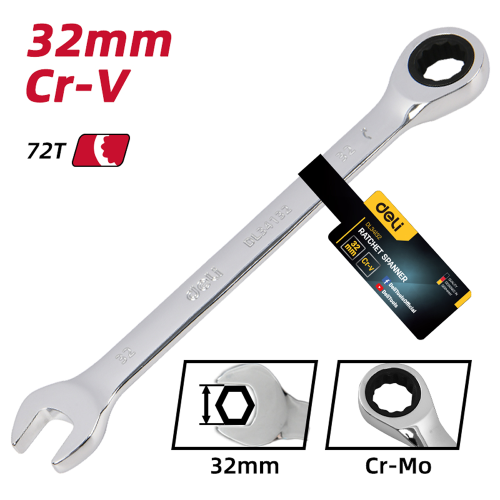 Ключ комбинированный Deli YS EDL34132, 32 мм, с трещоткой, 72 зуба фото 6 Ключ комбинированный Deli YS EDL34132, 32 мм, с трещоткой, 72 зуба фото 6