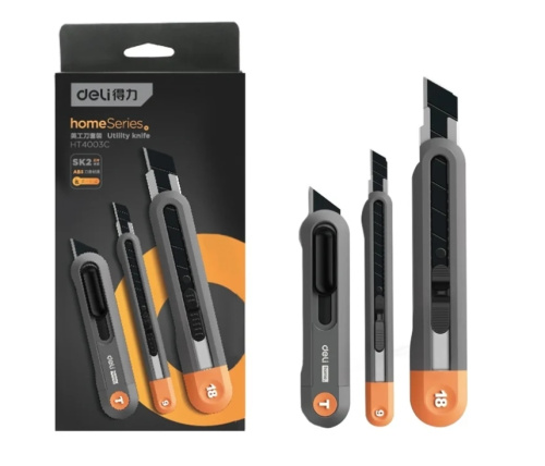 Набор ножей строительных Deli HS EHT4003C 3 шт (ножи 9мм/18мм/трапеция), Soft Touch, оранжевый фото 5