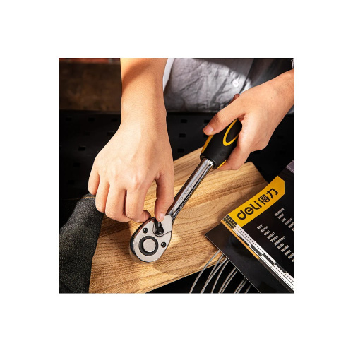 Ключ трещоточный Deli YS EDL2521 1/2", 45Т, 254 мм, с храповым механизмом, черный, желтый фото 3