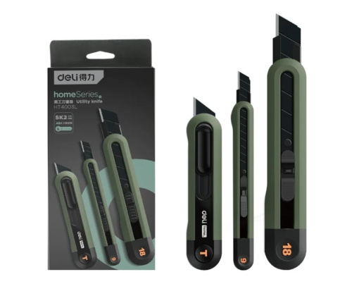 Набор ножей строительных Deli HS EHT4003L 3 шт (ножи 9мм/18мм/трапеция), Soft Touch, зеленый фото 6