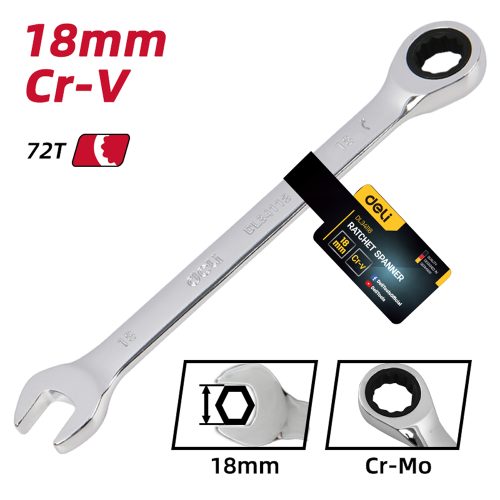 Ключ комбинированный Deli YS EDL34118, 18 мм, с трещоткой, 72 зуба фото 6