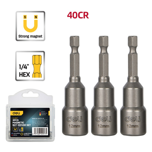 Набор насадок шестигранных магнитных Deli YS EDL4812T, 12 мм, 3 шт, HEX 1/4", серебристый фото 2
