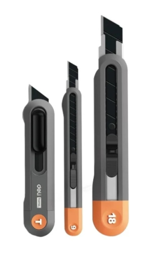Набор ножей строительных Deli HS EHT4003C 3 шт (ножи 9мм/18мм/трапеция), Soft Touch, оранжевый