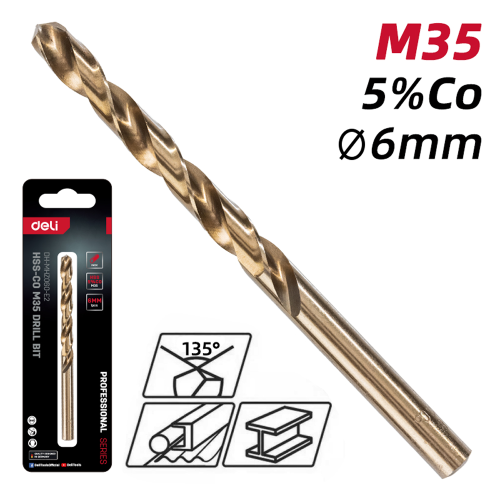 Сверло по металлу Deli RS EDH-MHZ060-E2, 6.0 мм, DIN 338, HSCo 5% фото 2 Сверло по металлу Deli RS EDH-MHZ060-E2, 6.0 мм, DIN 338, HSCo 5% фото 2