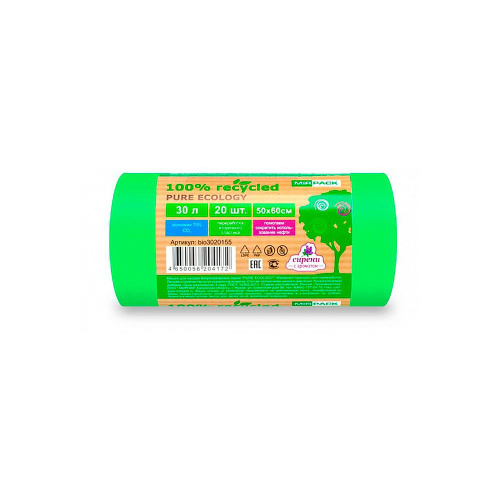 Мешки для мусора "Mirpack PURE ECOLOGY Био", 30 мкм, 30 л, 20 шт/рулон Мешки для мусора "Mirpack PURE ECOLOGY Био", 30 мкм, 30 л, 20 шт/рулон