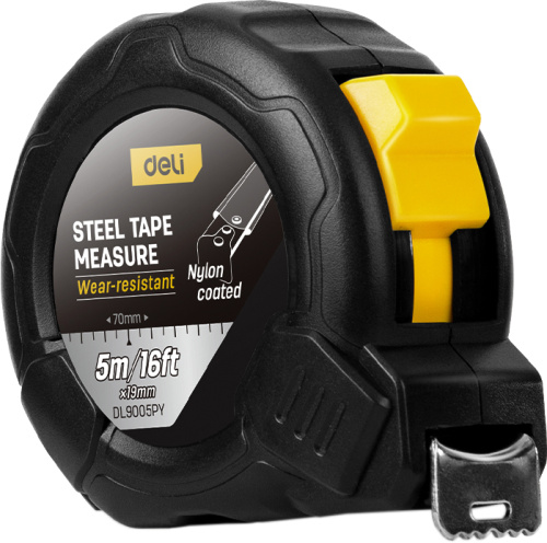 Рулетка Deli YS EDL9005PY 5 м х 19 мм, нейлоновое покрытие, черная