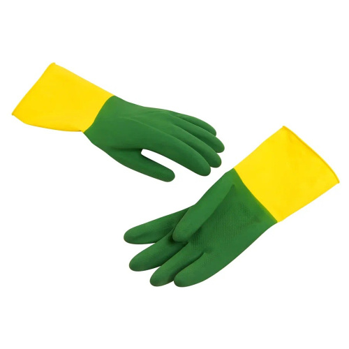 Перчатки латексные хозяйственные Zaubex БИКОЛОР, усиленные, зеленый, желтый фото 2