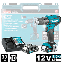 Аккумуляторная дрель-шуруповерт MAKITA DF333DWYE, 12 В, 30 Нм, 2 АКБ, 1.5 Ач, З/У 