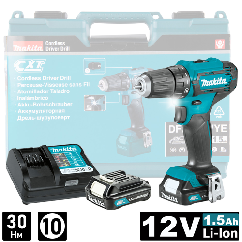 Аккумуляторная дрель-шуруповерт MAKITA DF333DWYE, 12 В, 30 Нм, 2 АКБ, 1.5 Ач, З/У Аккумуляторная дрель-шуруповерт MAKITA DF333DWYE, 12 В, 30 Нм, 2 АКБ, 1.5 Ач, З/У