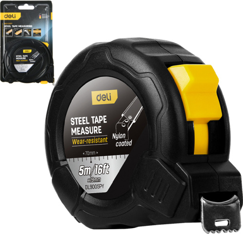 Рулетка Deli YS EDL9005PY 5 м х 19 мм, нейлоновое покрытие, черная фото 2