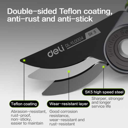 Секатор садовый Deli GS EDL-YL0004, 216 мм, SK5, черный фото 5