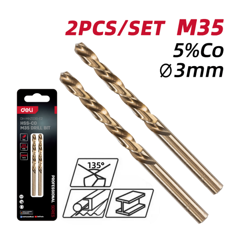 Сверло по металлу Deli RS EDH-MHZ030-E2, 2 шт, 3.0 мм, DIN 338, HSCo 5% фото 2