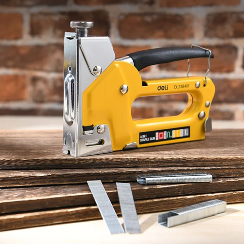 Степлер скобозабивной Deli EDL238401, 4-в-1 + скоба, желтый фото 4