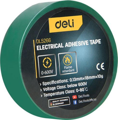 Изолента ПВХ Deli YS EDL5266 зеленая, 18 мм x 10 м, 130 мкм