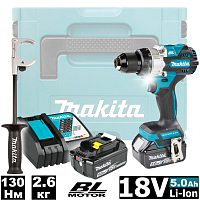 Аккумуляторная дрель-шуруповерт MAKITA DHP486RTJ, 18 В, 130 Нм, 2 АКБ, 5 Ач, З/У