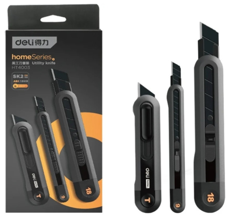 Набор ножей строительных Deli HS EHT4003 3 шт (ножи 9мм/18мм/трапеция), Soft Touch, черный фото 5